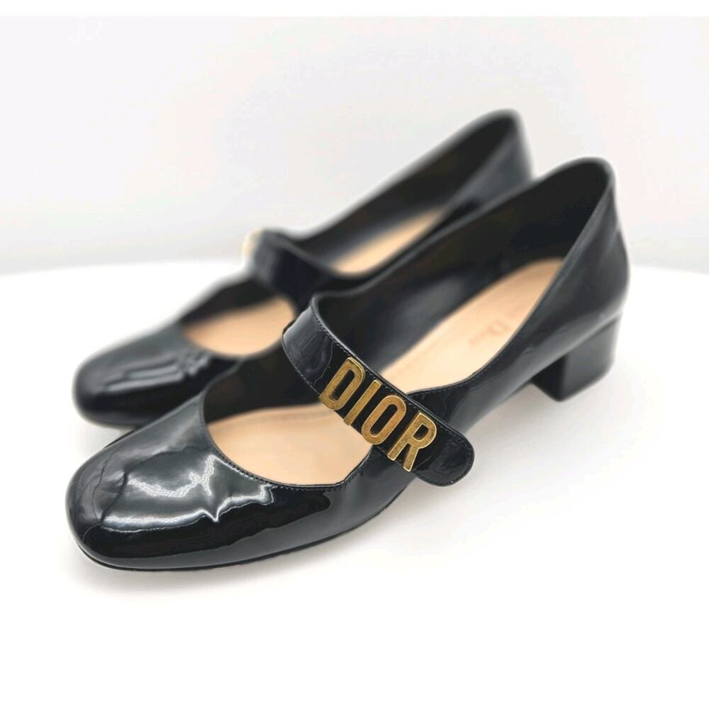 DIOR Baby D Mary Jane Ballet Pumps Black Patent Leather Gold Logo sz 39.5
